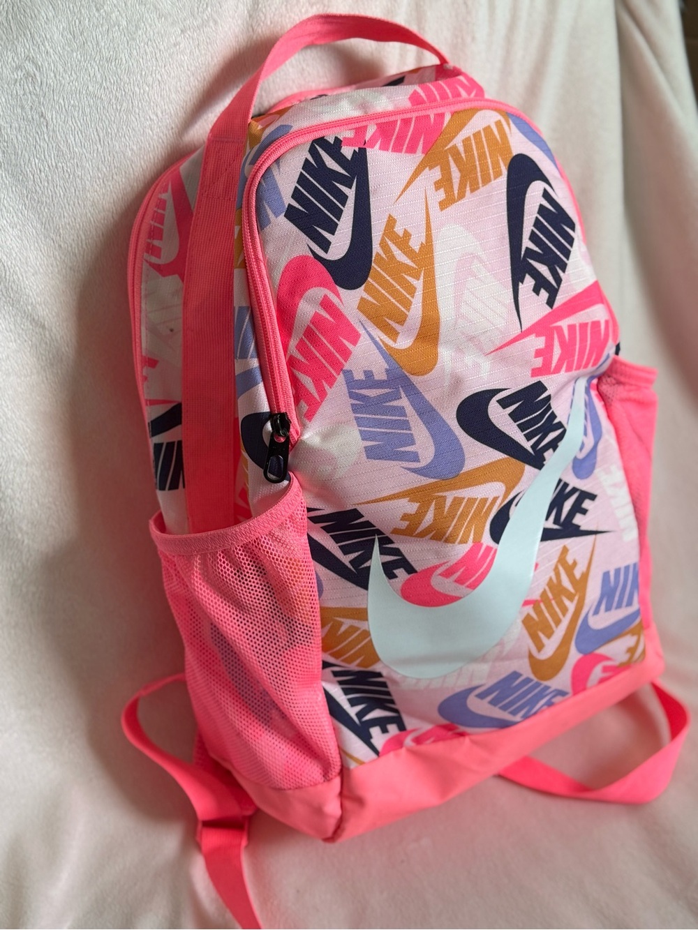 Nike Pink Multi-Logo Kids Backpack with White Swoosh